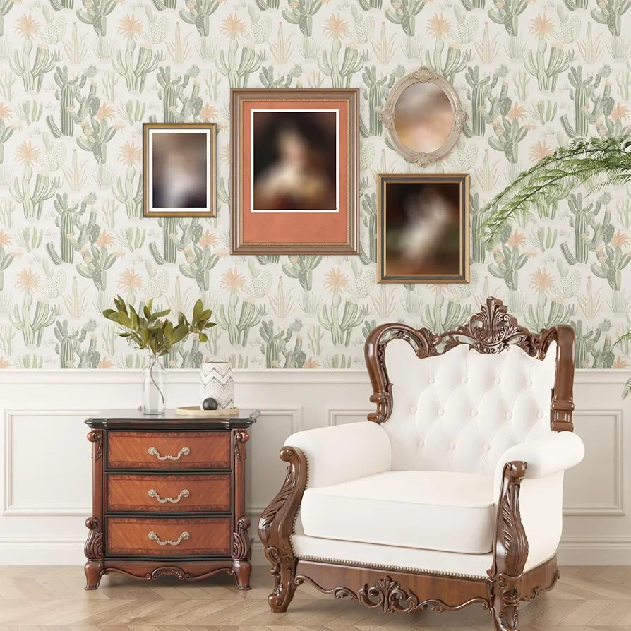 Cactus Wallpaper Peel and Stick, Beige Green Succulent Contact Paper, 17.5" x 118" Floral Boho Botanical Wall Paper Self Adhesive Removable Waterproof for Bedroom Cabinet Drawer Table Decor