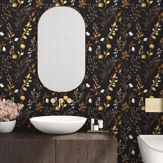 Black Floral Wallpaper Peel and Stick, Dark Gold Vintage Flower Contact Paper, Golden/White Botanical Wall Paper Self Adhesive Waterproof Removable for Room Cabinet Drawer Table Decor 17.5" x 118"