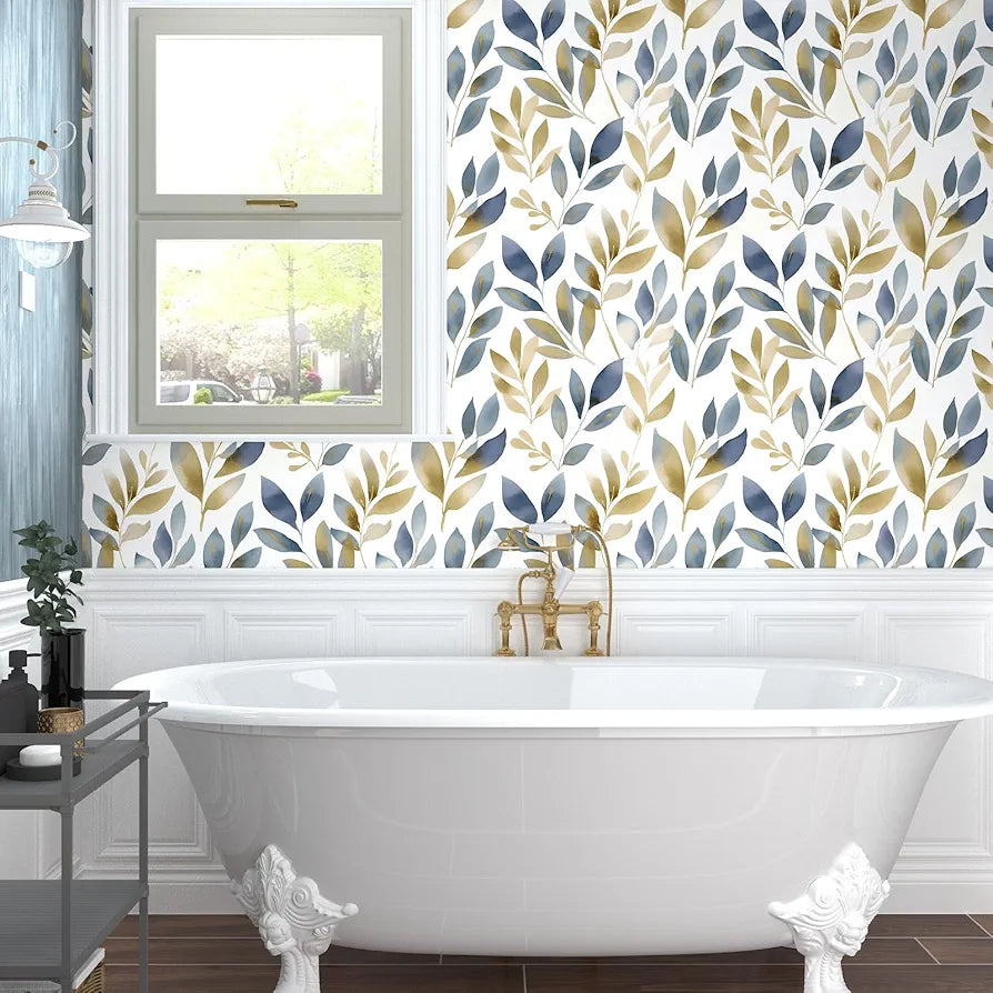 Leaf Wallpaper Peel and Stick, Golden Blue Leaves Contact Paper 17.5" x 118", White Gold Botanical Wall Paper Self Adhesive Waterproof Removable for Room Shelves Cabinet Drawer Table Decor
