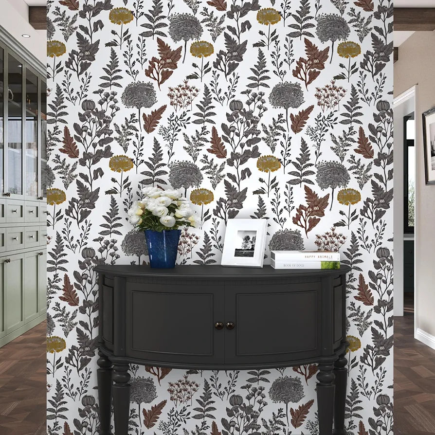 Botanical Wallpaper Peel and Stick, Vintage Floral Contact Paper 17.5" x 118", Jungle Wall Paper Mural Removable Self Adhesive Waterproof for Room Shelves Cabinet Drawer Table
