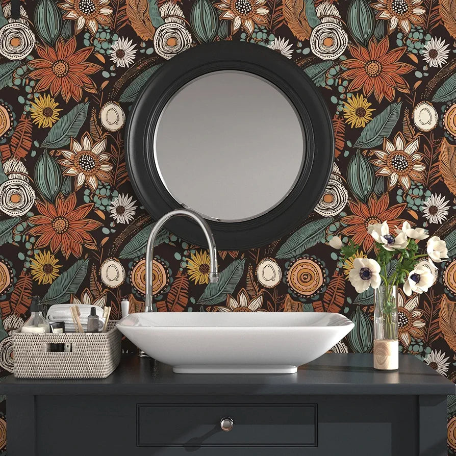 Boho Floral Wallpaper Peel and Stick,Vintage Botanical Contact Paper 17.5" x 118", Retro Flowers Wall Paper Self Adhesive Removable Waterproof for Walls Shelves Cabinet Table