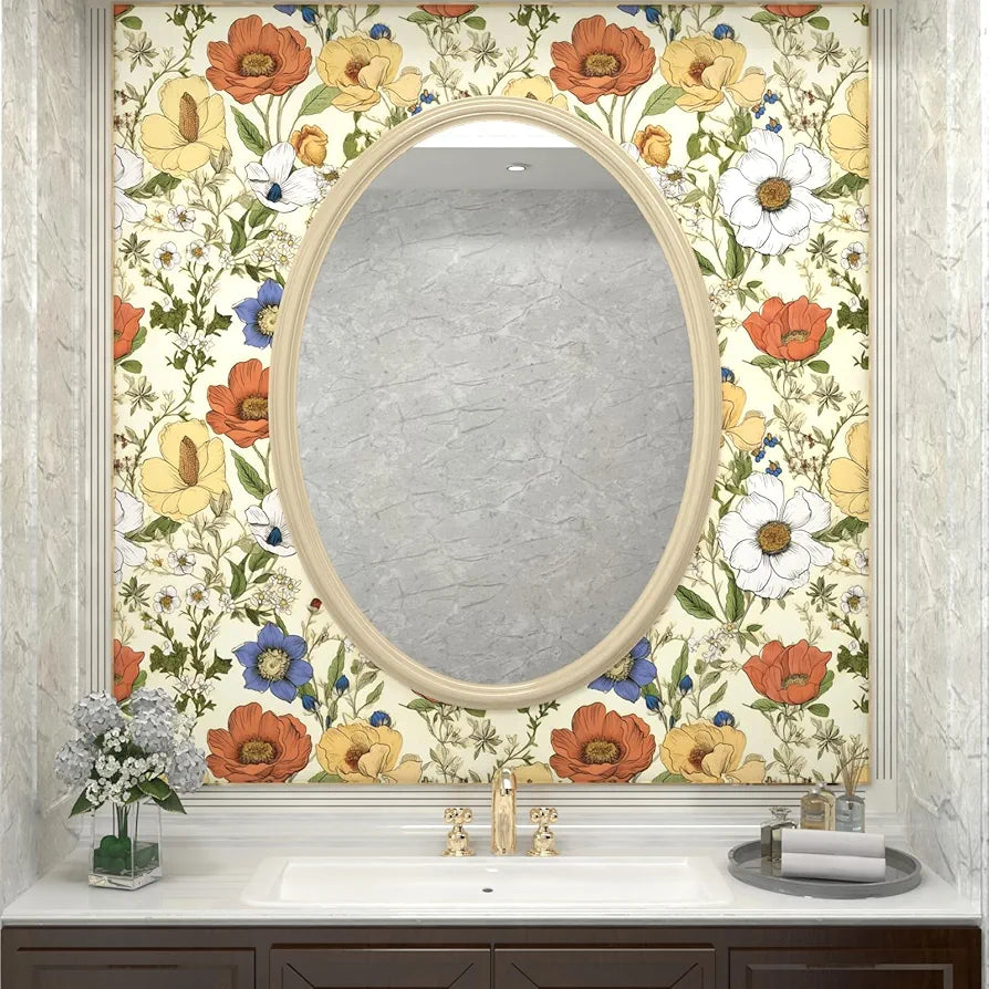 Yellow Floral Wallpaper Peel and Stick, Yellow/Orange Blooming Flowers Contact Paper, Botanical Wall Paper Self Adhesive Waterproof Removable for Bedroom Walls Shelves Cabinet Table 17.5" x 118"
