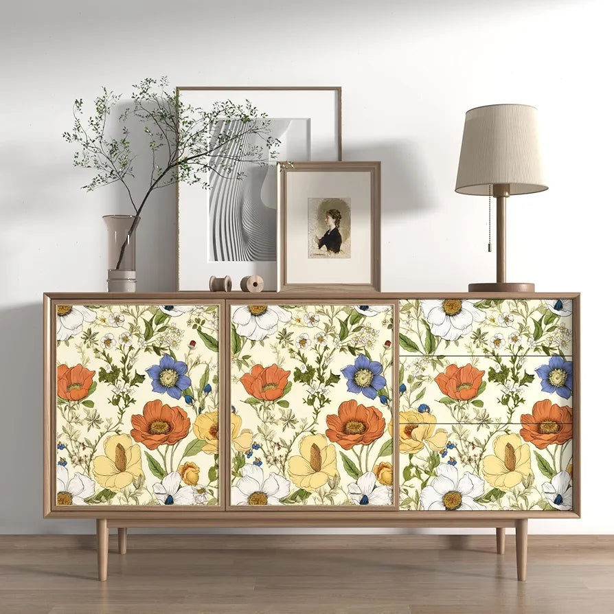 Yellow Floral Wallpaper Peel and Stick, Yellow/Orange Blooming Flowers Contact Paper, Botanical Wall Paper Self Adhesive Waterproof Removable for Bedroom Walls Shelves Cabinet Table 17.5" x 118"