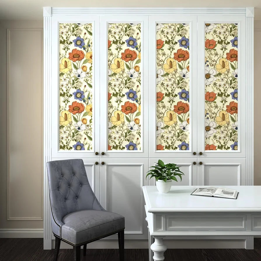 Yellow Floral Wallpaper Peel and Stick, Yellow/Orange Blooming Flowers Contact Paper, Botanical Wall Paper Self Adhesive Waterproof Removable for Bedroom Walls Shelves Cabinet Table 17.5" x 118"