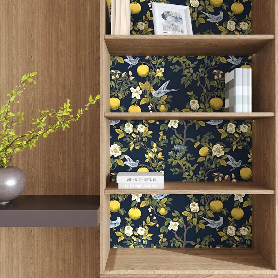 Birds Wallpaper Peel and Stick, Floral Contact Paper, Trees Friuts Flowers Wall Mural Removable Self Adhesive Waterproof for Room Shelves Cabinet Drawer Table 17.5" x 118"