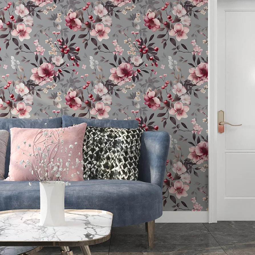 Pink Flowers Wallpaper Peel and Stick, Grey Floral Contact Paper, Vintge Botanical Boho Wall Paper Self Adhesive Waterproof Removable for Room Shelves Cabinet Drawer Table Decor 17.5" x 118"