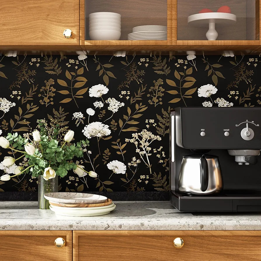 Dark Floral Wallpaper Peel and Stick Boho Wallpaper 17.5in x 118in Vintage Leaf Contact Paper Vinyl Waterproof Self Adhesive Leaf Botanical Wall Paper for Bedroom Walls Kitchen Cabinet