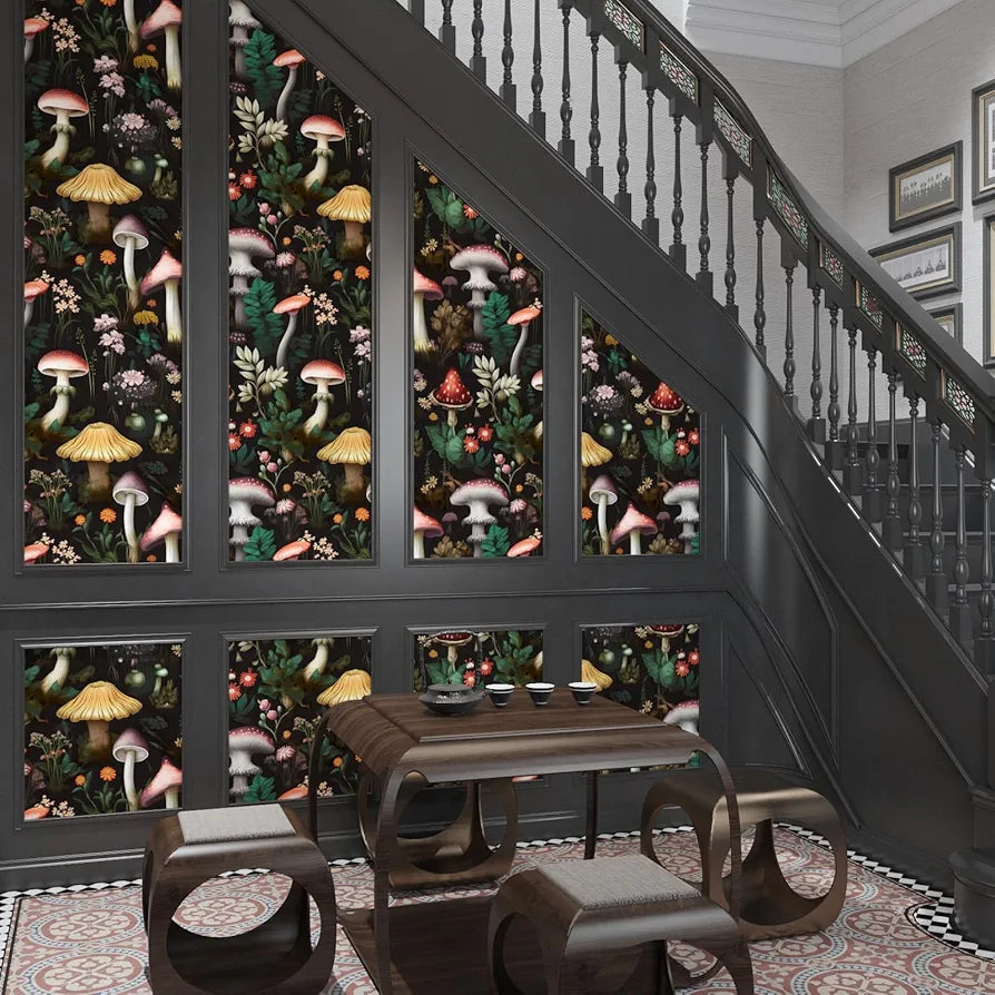 Mushroom Wallpaper Peel and Stick Boho Wallpaper 17.5in x 9.8ft Floral Contact Paper Vinyl Self Adhesive Waterproof Dark Floral Wall Paper for Bathroom Stairs Entryway Cabinet Kitchen