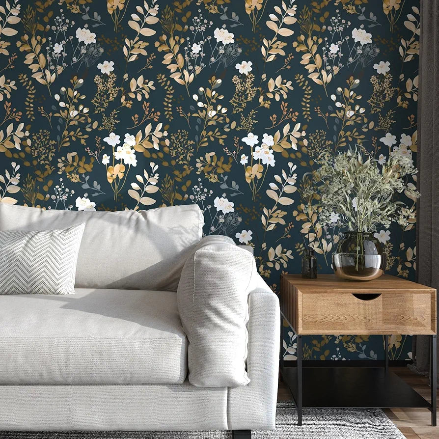Floral Wallpaper Peel and Stick Boho Wallpaper Vintage Blue/Gold Leaf Contact Paper Waterproof Self Adhesive Modern Wall Paper for Cabinet Walls Kitchen 17.5in x118in
