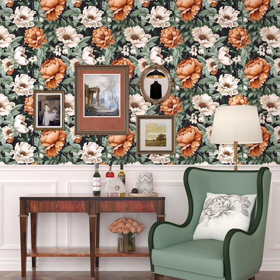 Floral Wallpaper Peel and Stick, Vintage Large Blooming Flowers Contact Paper 17.5" x 118", Retro Wall Paper Self Adhesive Removable Waterproof for Room Walls Shelves Cabinet Table