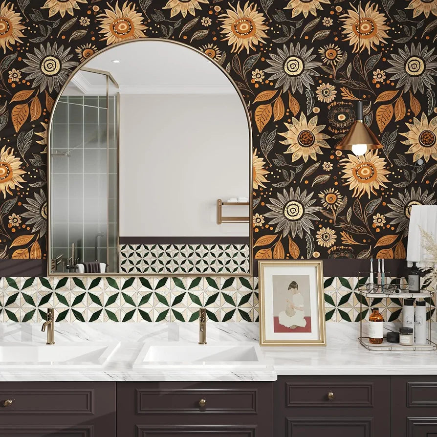 Dark Wallpaper Peel and Stick Boho Wallpaper for Bedroom Black Floral Contact Paper Waterproof Self Adhesive Vintage Wall Mural Walls Drawers Bookcase 17.5in x118in