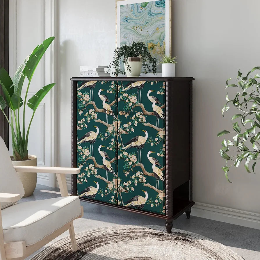Dark Green Swan Peel and Stick Wallpaper, Crane Bird Floral Contact Paper 17.5 x 118in , Boho Vinyl Wall Paper Mural Removable Self-adhesive Waterproof for Bedroom Cabinet Shelf Drawer Renter Friendly