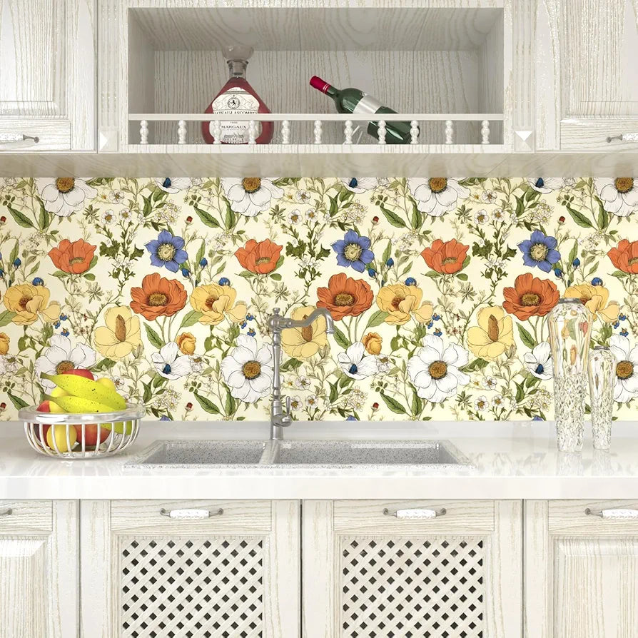 Yellow Floral Wallpaper Peel and Stick, Yellow/Orange Blooming Flowers Contact Paper, Botanical Wall Paper Self Adhesive Waterproof Removable for Bedroom Walls Shelves Cabinet Table 17.5" x 118"