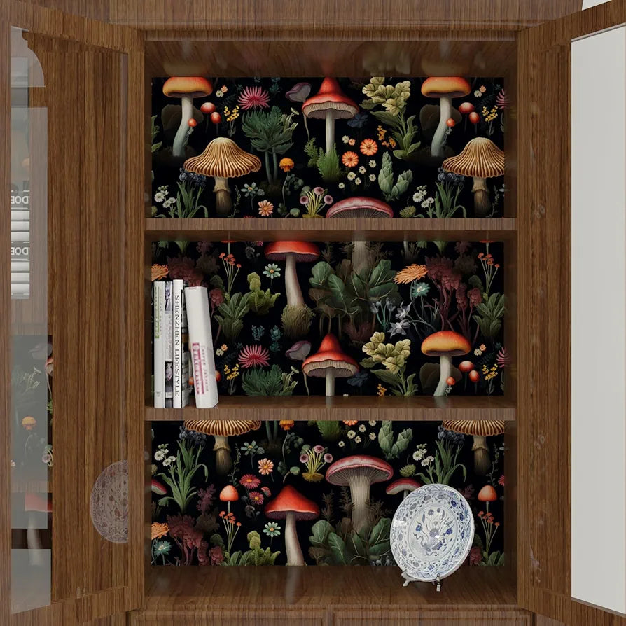 Mushrooms Wallpaper Peel and Stick, Vintage Dark Contact Paper 17.5" x 118", Boho Floral Wall Paper Mural Removable Self Adhesive Waterproof for Room Shelves Cabinet Drawer Table