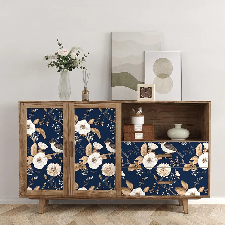 Blue Birds Wallpaper Peel and Stick Floral Botanical Contact Paper 17.5" x 118" Vintage Trees Flowers Wall Mural Boho Wallpaper Removable Self Adhesive Waterproof for Room Shelves Cabinet Drawer
