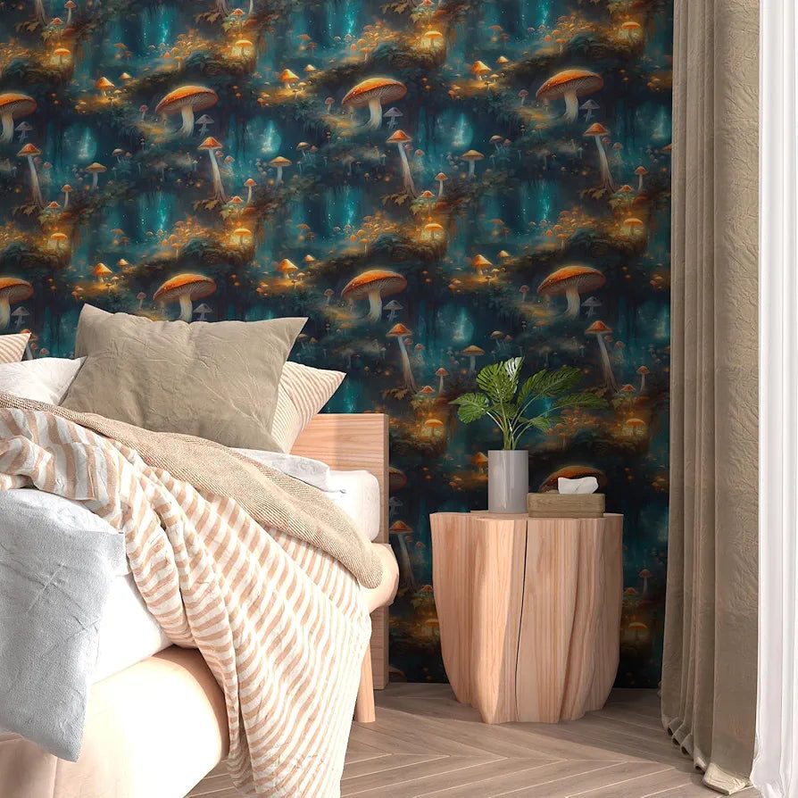Wonderland Mushroom Wallpaper Peel and Stick, Bule/Orange Mystic Contact Paper, Botanical Boho Wall Paper Self Adhesive Waterproof Removable for Room Shelves Cabinet Drawer Table Decor 17.5" x 118"