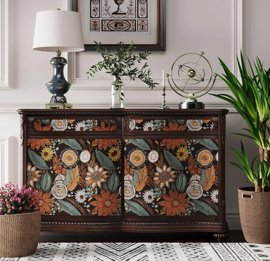 Boho Floral Wallpaper Peel and Stick,Vintage Botanical Contact Paper 17.5" x 118", Retro Flowers Wall Paper Self Adhesive Removable Waterproof for Walls Shelves Cabinet Table
