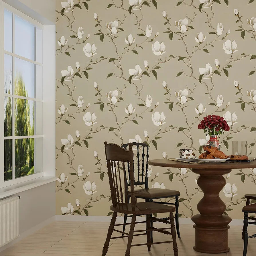 Floral Wallpaper Peel and Stick Vintage Flowers Contact Paper Waterproof Self Adhesive Removable Khaki Botanical Modern Wall Paper for Bedroom Walls Cabinet Locker 17.5" X 118"