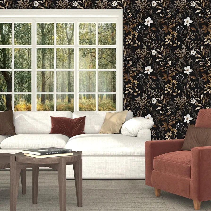 Black Floral Wallpaper Peel and Stick Boho Wallpapers 17.5" x 118" Gold Leaf Contact Paper for Cabinets Waterproof Self Adhesive Removable Wall Paper for Kitchen Table Countertop Walls