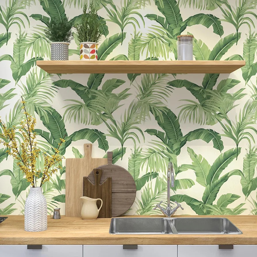 Leaf Wallpaper Peel and Stick, Beige Green Botanical Contact Paper, Tropical Palm Leaves Wall Paper Self Adhesive Waterproof Removable for Room Shelves Cabinet Drawer Table 17.5" x 118"