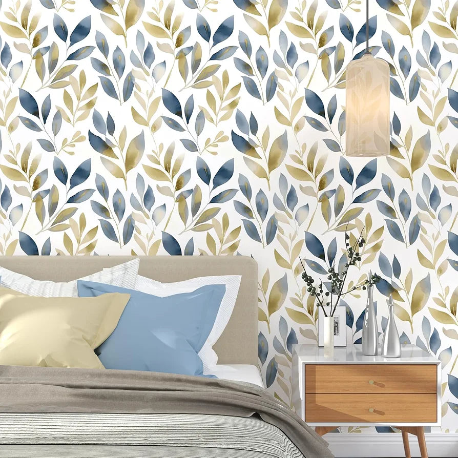 Leaf Wallpaper Peel and Stick, Golden Blue Leaves Contact Paper 17.5" x 118", White Gold Botanical Wall Paper Self Adhesive Waterproof Removable for Room Shelves Cabinet Drawer Table Decor