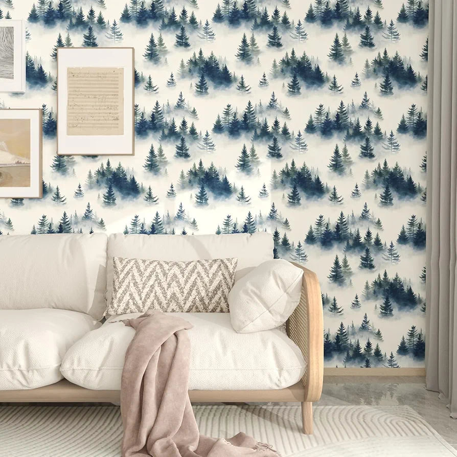 Blue Foggy Forest Wallpaper Peel and Stick Misty Woodland Tree Wall Mural Boho Wallpaper 17.5" x 118" Waterproof Self-Adhesive Modern Floral Wall Paper for Room Cabinet Kitchen Locker