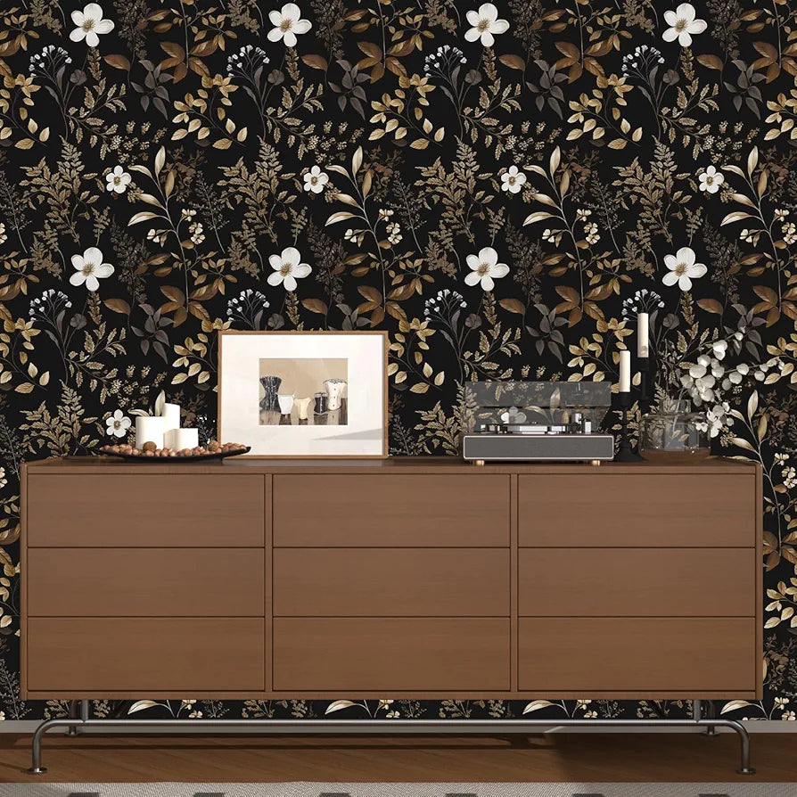 Black Floral Wallpaper Peel and Stick Boho Wallpapers 17.5" x 118" Gold Leaf Contact Paper for Cabinets Waterproof Self Adhesive Removable Wall Paper for Kitchen Table Countertop Walls
