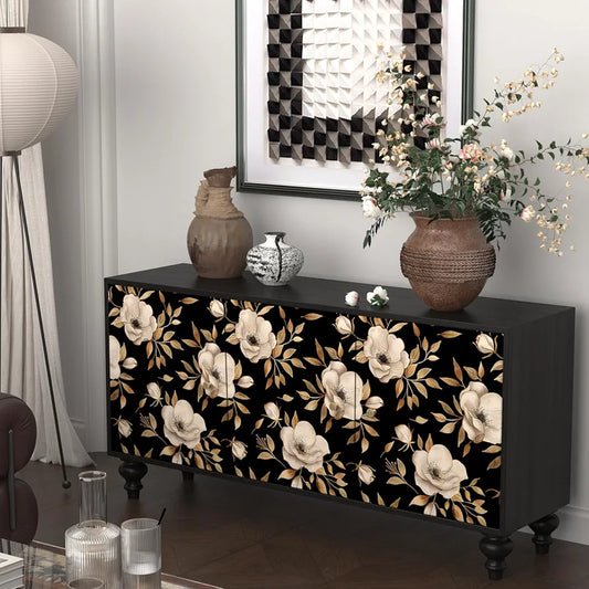 Black Floral Peel and Stick Wallpaper Gold Flowers Contact Paper Self-Adhesive Waterproof Vintage Dark Floral Wall Paper for Bedroom Shelf Liner Cabinet Stair 17.5"x118"
