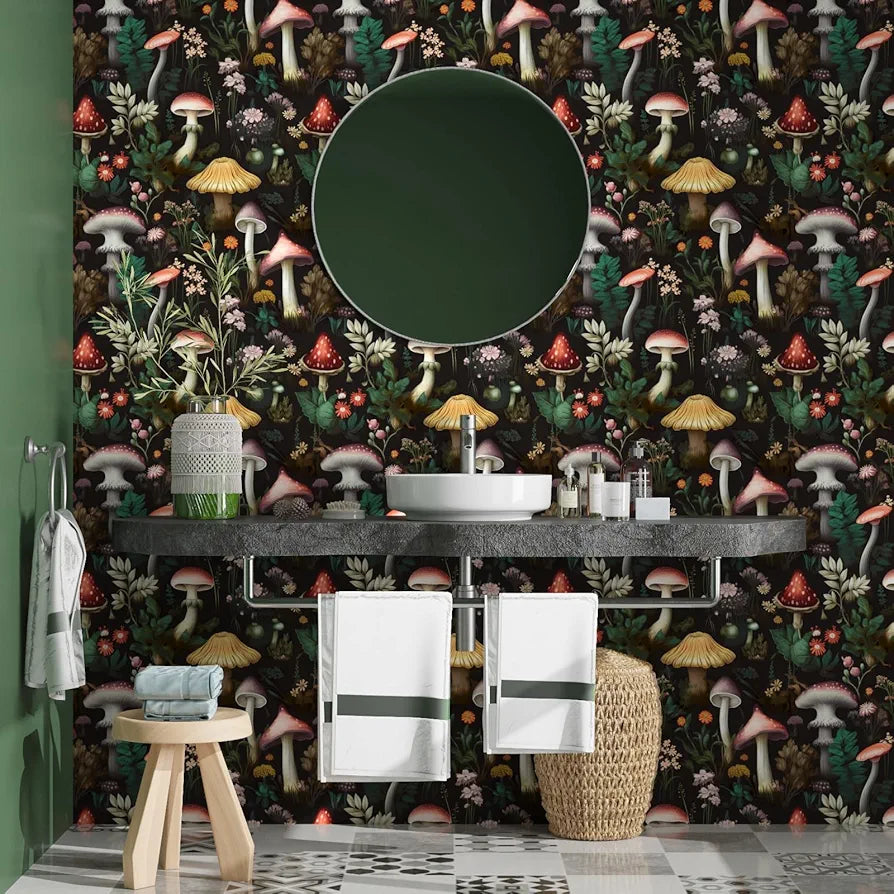 Mushroom Wallpaper Peel and Stick Boho Wallpaper 17.5in x 9.8ft Floral Contact Paper Vinyl Self Adhesive Waterproof Dark Floral Wall Paper for Bathroom Stairs Entryway Cabinet Kitchen