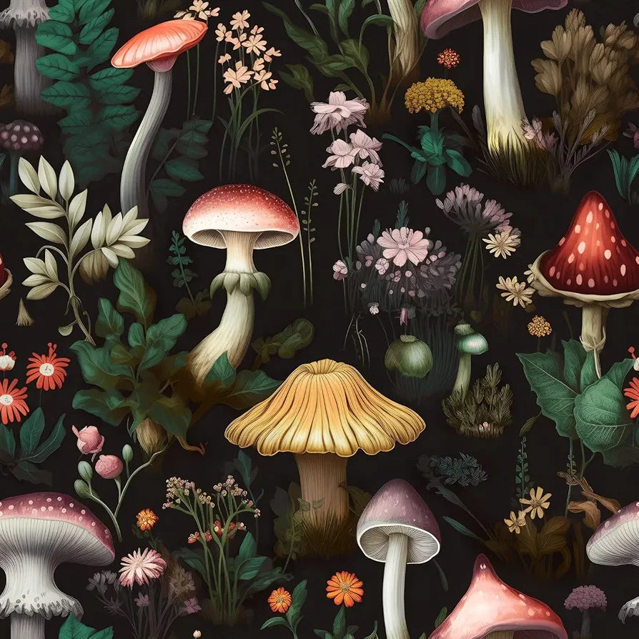 Mushroom Wallpaper Peel and Stick Boho Wallpaper 17.5in x 9.8ft Floral Contact Paper Vinyl Self Adhesive Waterproof Dark Floral Wall Paper for Bathroom Stairs Entryway Cabinet Kitchen