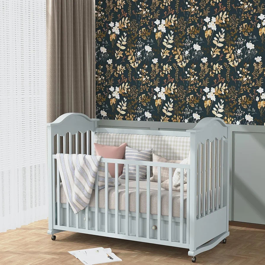 Floral Wallpaper Peel and Stick Boho Wallpaper Vintage Blue/Gold Leaf Contact Paper Waterproof Self Adhesive Modern Wall Paper for Cabinet Walls Kitchen 17.5in x118in