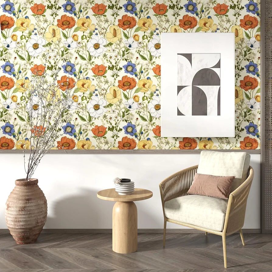 Yellow Floral Wallpaper Peel and Stick, Yellow/Orange Blooming Flowers Contact Paper, Botanical Wall Paper Self Adhesive Waterproof Removable for Bedroom Walls Shelves Cabinet Table 17.5" x 118"
