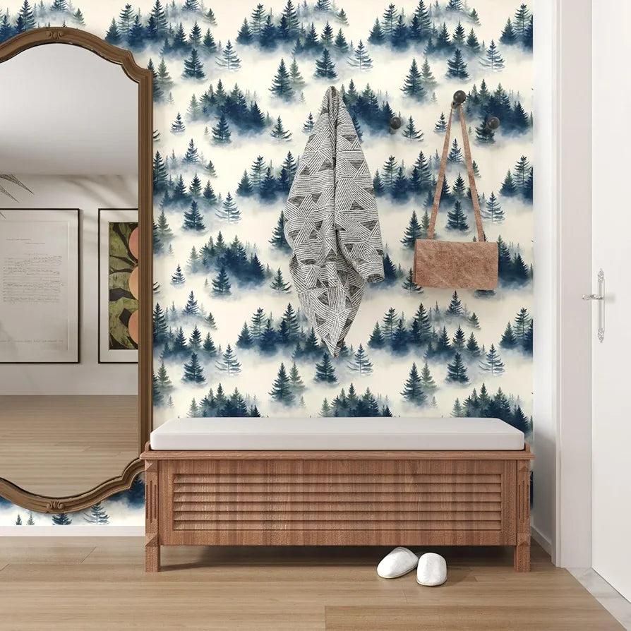 Blue Foggy Forest Wallpaper Peel and Stick Misty Woodland Tree Wall Mural Boho Wallpaper 17.5" x 118" Waterproof Self-Adhesive Modern Floral Wall Paper for Room Cabinet Kitchen Locker