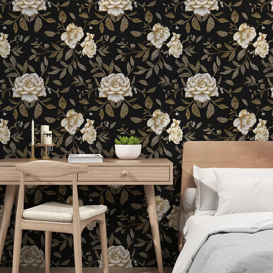 Floral Wallpaper Peel and Stick, Black/Golden/White Peony Flowers Contact Paper, Botanical Wall Paper Self Adhesive Waterproof Removable for Room Shelves Cabinet Drawer Table Decor 17.5" x 118"