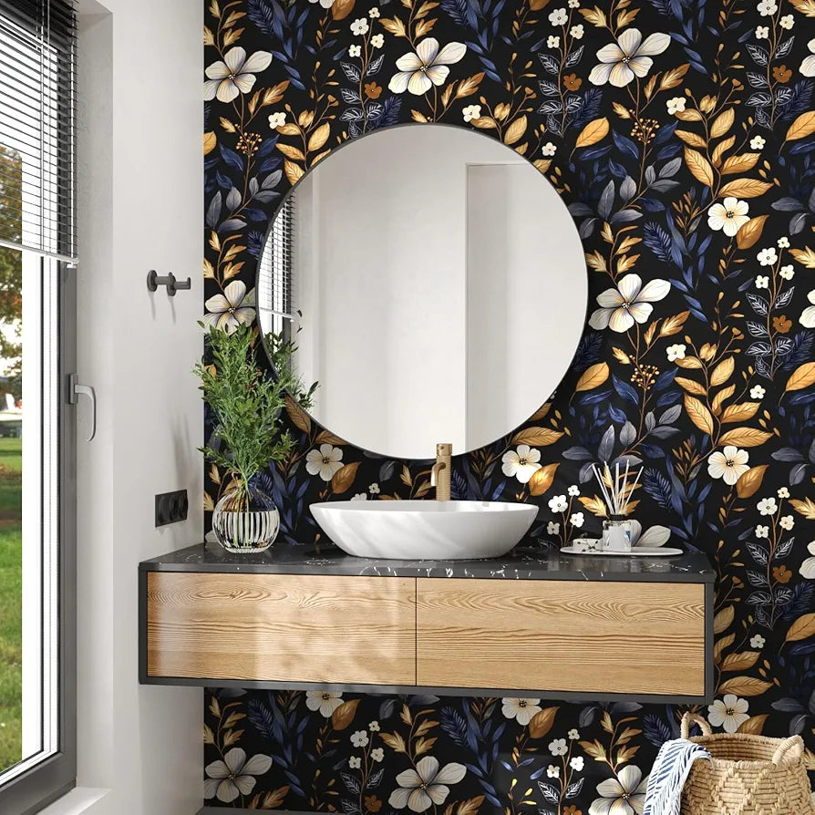 Blue/Gold Leaf Wallpaper Peel and Stick Vintage Dark Floral Wallpaper Waterproof Self Adhesive Removable Boho Wall Paper Modern for Bedroom Walls Drawer Cabinet 17.5in x118in