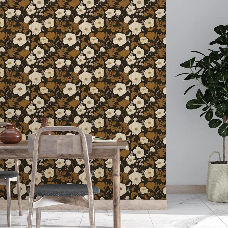 Dark Brwon Floral Wallpaper Peel and Stick, Beige Flower Contact Paper With Yellow Leaf, Botanical Wall Paper Self Adhesive Waterproof Removable for Room Shelves Cabinet Drawer Table 17.5" x 118"