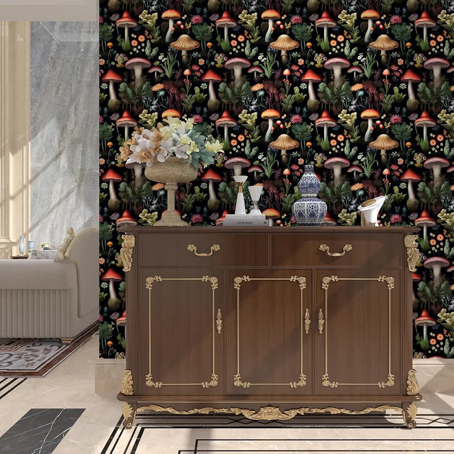 Mushrooms Wallpaper Peel and Stick, Vintage Dark Contact Paper 17.5" x 118", Boho Floral Wall Paper Mural Removable Self Adhesive Waterproof for Room Shelves Cabinet Drawer Table