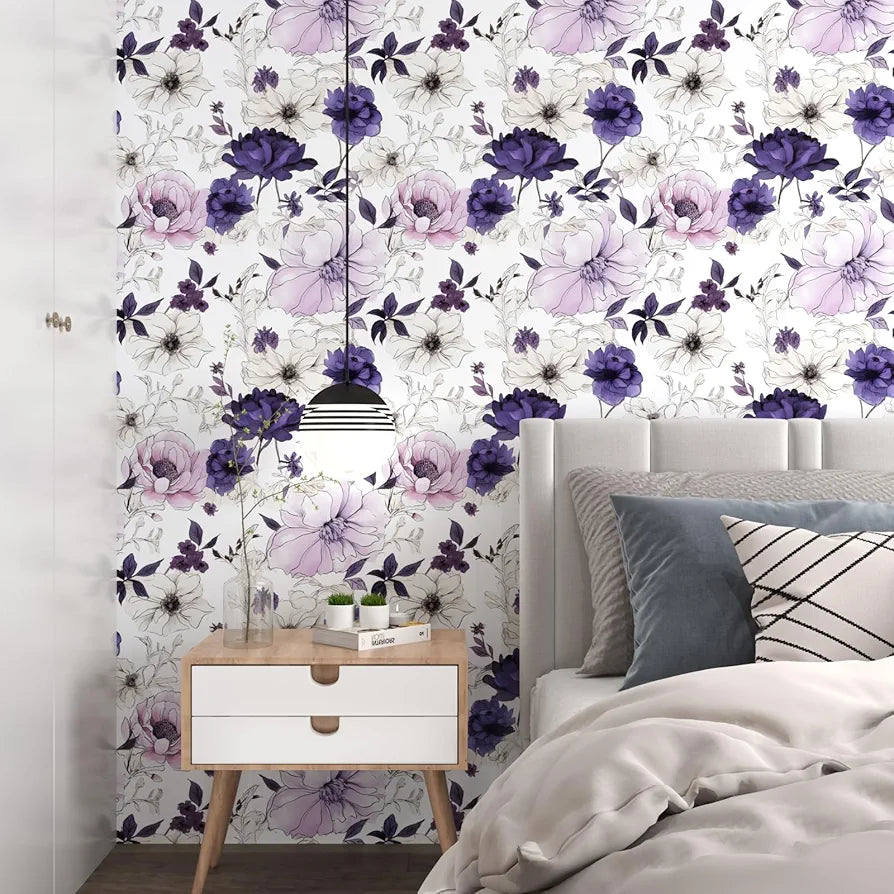 Floral Peel and Stick Wallpaper,Purple/White/Pink Watercolor Flower Contact Paper, Botanical Wall Paper Mural Self Adhesive Removable Waterproof for Bedroom Shelves Cabinet Drawer Table 17.5" x 118"