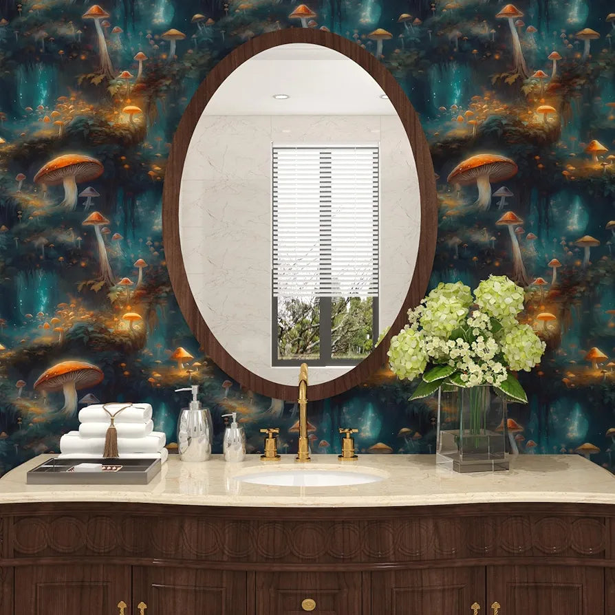 Wonderland Mushroom Wallpaper Peel and Stick, Bule/Orange Mystic Contact Paper, Botanical Boho Wall Paper Self Adhesive Waterproof Removable for Room Shelves Cabinet Drawer Table Decor 17.5" x 118"