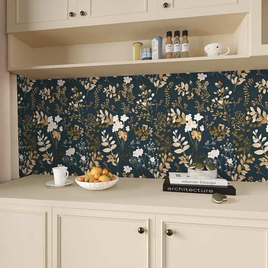 Floral Wallpaper Peel and Stick Boho Wallpaper Vintage Blue/Gold Leaf Contact Paper Waterproof Self Adhesive Modern Wall Paper for Cabinet Walls Kitchen 17.5in x118in