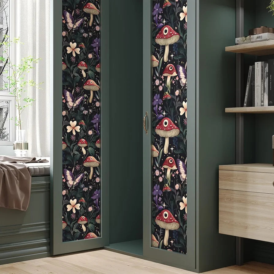 Fairy Mushroom Wallpaper Peel and Stick Boho Wallpaper 17.5in x118in Vintage Contact Paper Vinyl Self Adhesive Dark Floral Modern Wall Paper for Bedroom Cabinet Table Locker