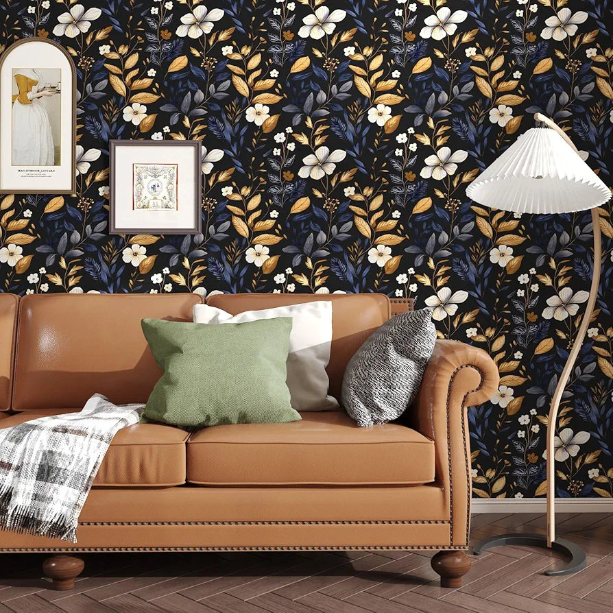 Blue/Gold Leaf Wallpaper Peel and Stick Vintage Dark Floral Wallpaper Waterproof Self Adhesive Removable Boho Wall Paper Modern for Bedroom Walls Drawer Cabinet 17.5in x118in