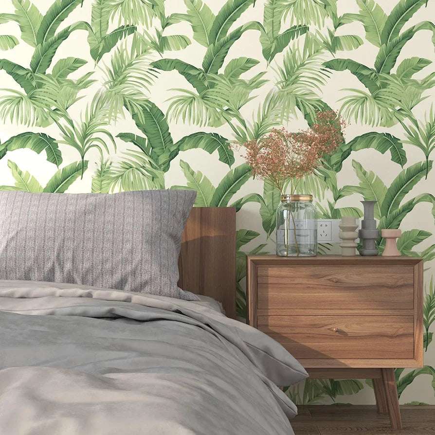 Leaf Wallpaper Peel and Stick, Beige Green Botanical Contact Paper, Tropical Palm Leaves Wall Paper Self Adhesive Waterproof Removable for Room Shelves Cabinet Drawer Table 17.5" x 118"