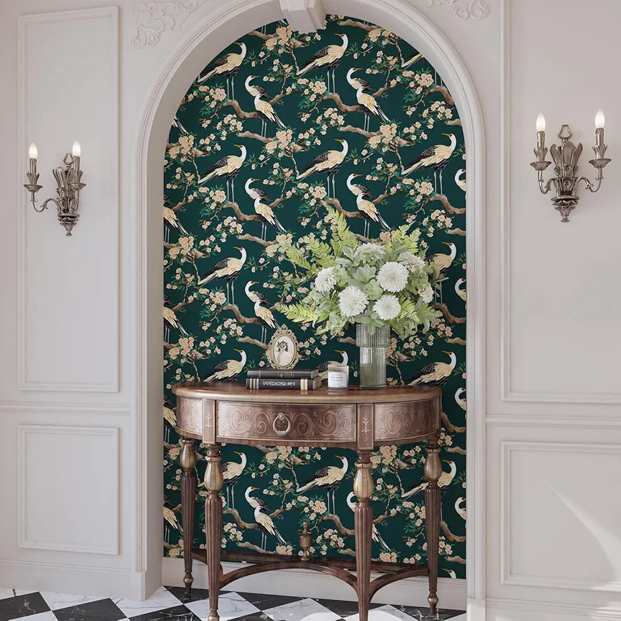 Dark Green Swan Peel and Stick Wallpaper, Crane Bird Floral Contact Paper 17.5 x 118in , Boho Vinyl Wall Paper Mural Removable Self-adhesive Waterproof for Bedroom Cabinet Shelf Drawer Renter Friendly