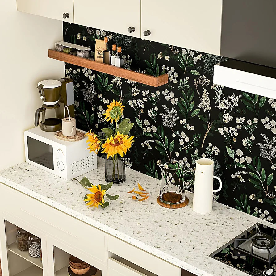 Dark Floral Wallpaper Peel and Stick Green Leaf Wallpaper Vintage Flowers Contact Paper Waterproof Self Adhesive Boho Delicate Wall Paper for Cabinet Kitchen Walls Locker 17.5in x9.8ft