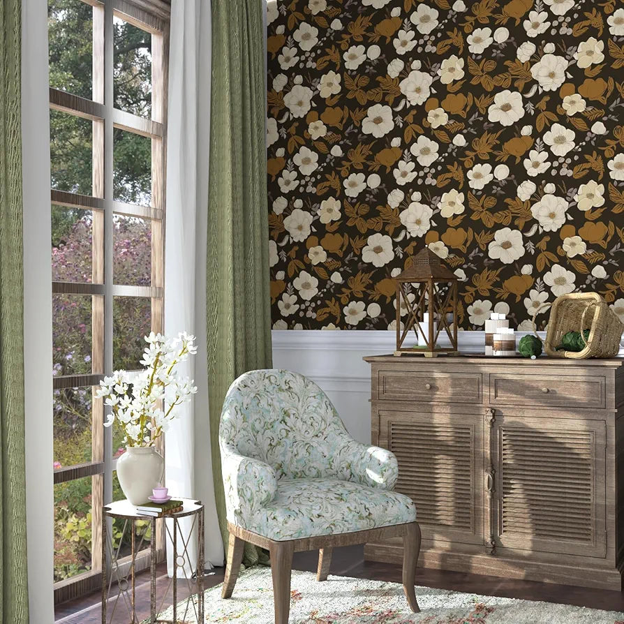 Dark Brwon Floral Wallpaper Peel and Stick, Beige Flower Contact Paper With Yellow Leaf, Botanical Wall Paper Self Adhesive Waterproof Removable for Room Shelves Cabinet Drawer Table 17.5" x 118"