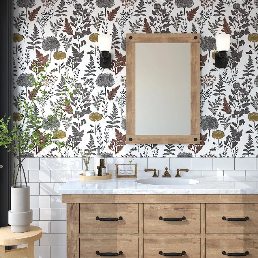 Botanical Wallpaper Peel and Stick, Vintage Floral Contact Paper 17.5" x 118", Jungle Wall Paper Mural Removable Self Adhesive Waterproof for Room Shelves Cabinet Drawer Table