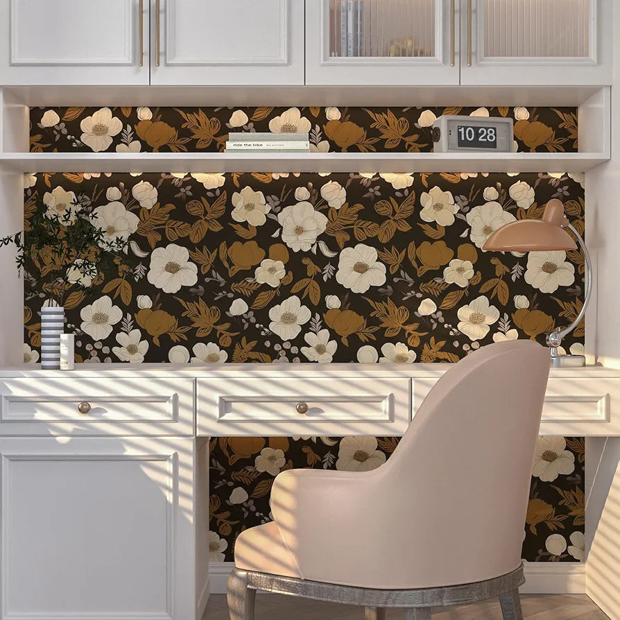 Dark Brwon Floral Wallpaper Peel and Stick, Beige Flower Contact Paper With Yellow Leaf, Botanical Wall Paper Self Adhesive Waterproof Removable for Room Shelves Cabinet Drawer Table 17.5" x 118"