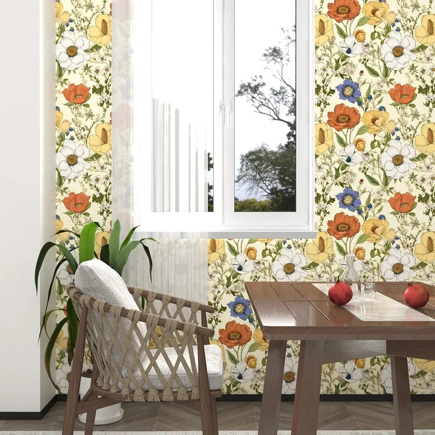 Yellow Floral Wallpaper Peel and Stick, Yellow/Orange Blooming Flowers Contact Paper, Botanical Wall Paper Self Adhesive Waterproof Removable for Bedroom Walls Shelves Cabinet Table 17.5" x 118"