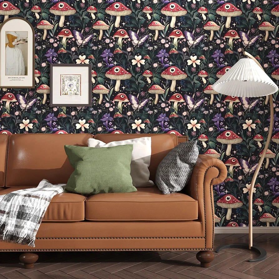 Fairy Mushroom Wallpaper Peel and Stick Boho Wallpaper 17.5in x118in Vintage Contact Paper Vinyl Self Adhesive Dark Floral Modern Wall Paper for Bedroom Cabinet Table Locker